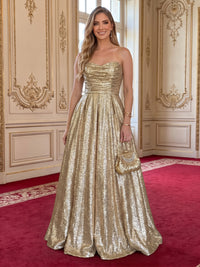 Strapless Metallic Satin Evening Dresses Sleeveless Floor Length A Line Formal Party Dresses