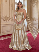 Strapless Corset Metallic Satin Evening Dresses Sleeveless Floor Length A Line Formal Party Dresses with Scarf