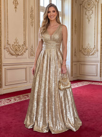 V Neck Sleeveless Metallic Satin Evening Dresses A Line Floor Length Formal Party Dresses