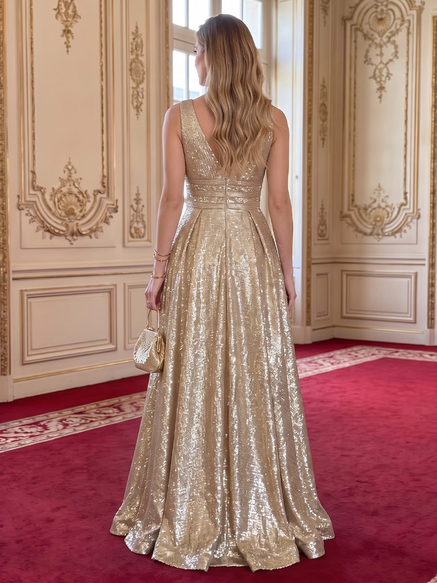 V Neck Sleeveless Metallic Satin Evening Dresses A Line Floor Length Formal Party Dresses