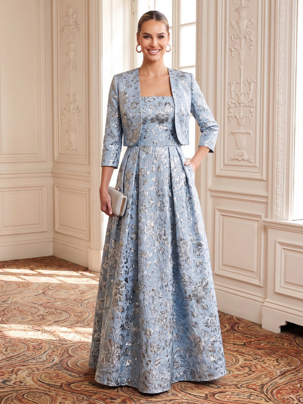 Jacquard Evening Dresses A Line Square Neck Floor Length Formal Dresses with Jacket