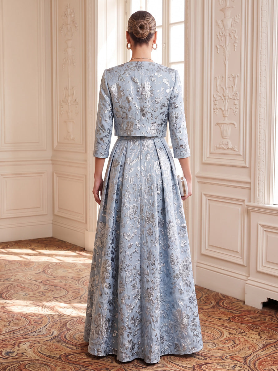 Jacquard Evening Dresses A Line Square Neck Floor Length Formal Dresses with Jacket