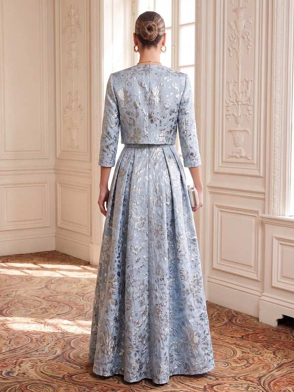 Jacquard Evening Dresses A Line Square Neck Floor Length Formal Dresses with Jacket