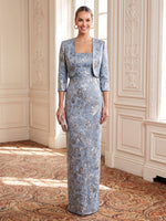 2 Pieces Jacquard Square Neck Evening Dresses Mermaid/Sheath Floor Length Formal Dresses with Jacket