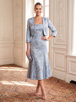 2 Pieces Jacquard Square Neck Evening Dresses Mermaid/Sheath Tea Length Formal Dresses with Jacket