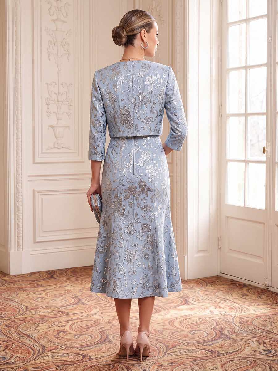2 Pieces Jacquard Square Neck Evening Dresses Mermaid/Sheath Tea Length Formal Dresses with Jacket