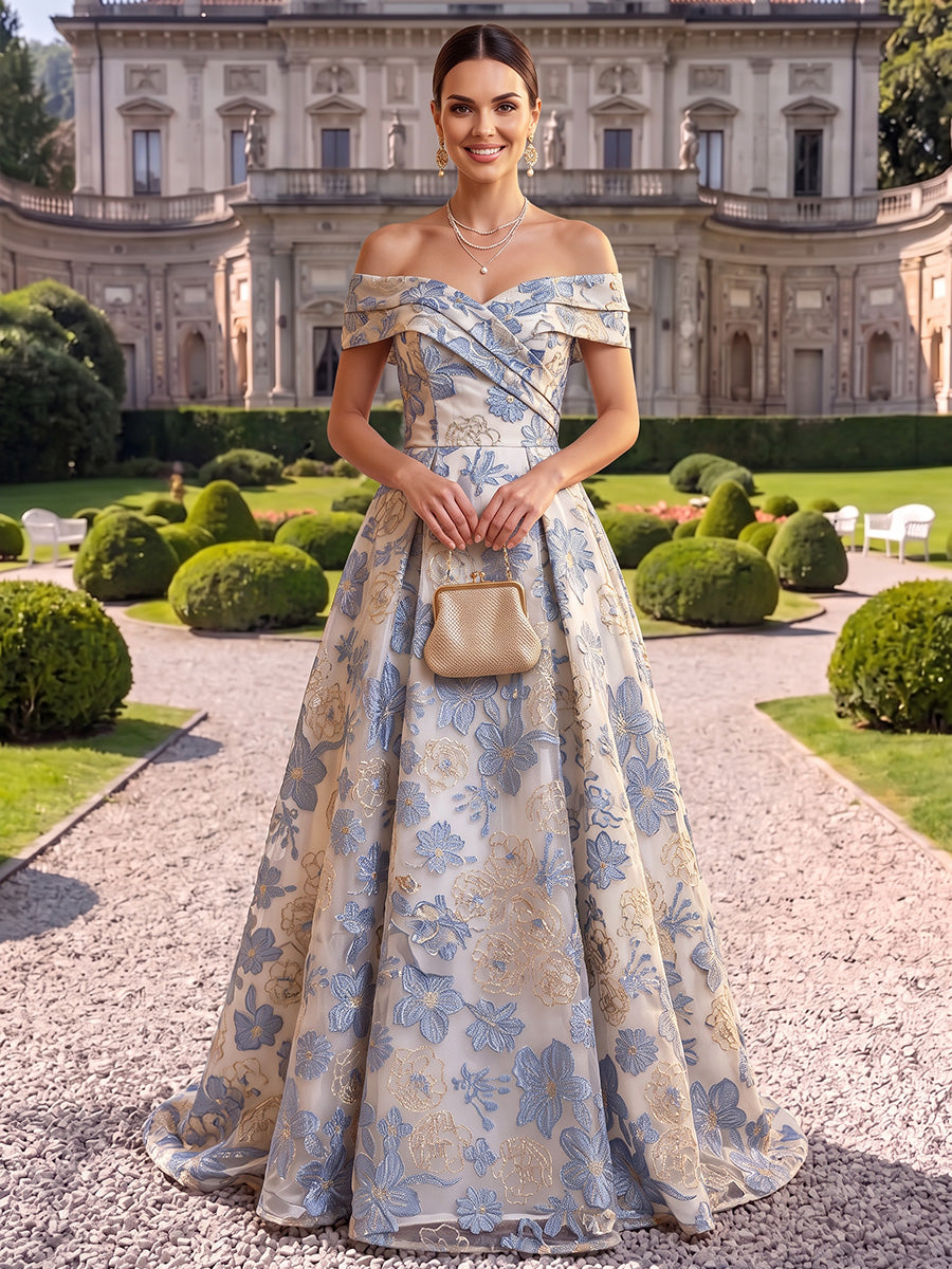Jacquard Evening Dresses A Line Off the Shoulder Floor Length Ball Gown