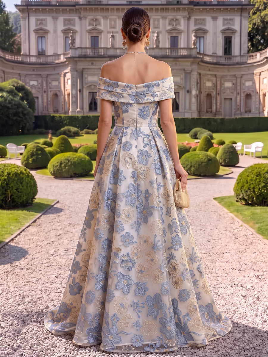 Jacquard Evening Dresses A Line Off the Shoulder Floor Length Ball Gown