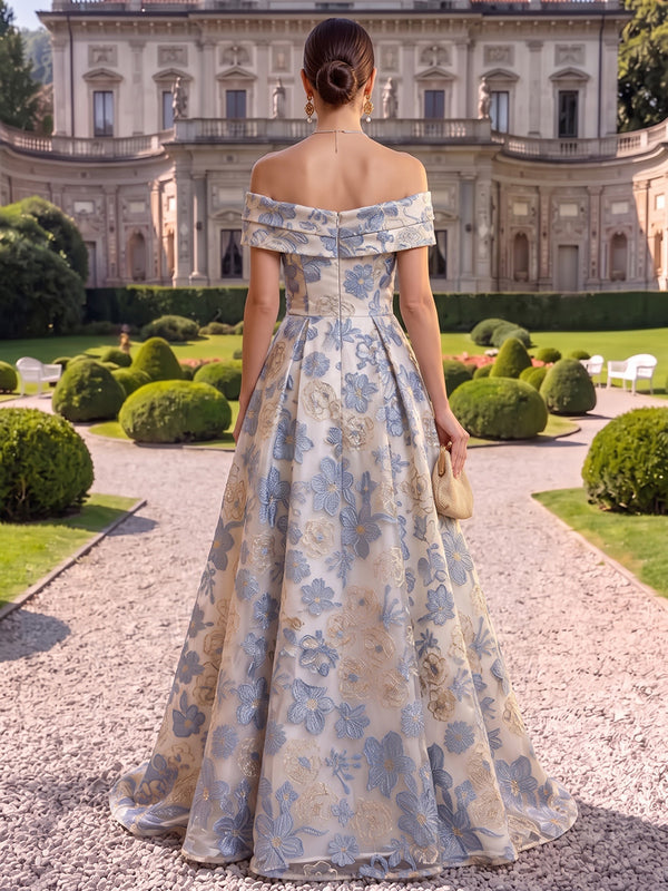 Jacquard Evening Dresses A Line Off the Shoulder Floor Length Ball Gown