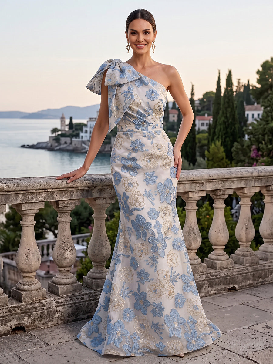 Jacquard Evening Dresses Mermaid/Sheath One Shoulder Floor Length Wedding Guest Dresses with Bow