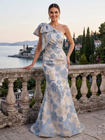 Jacquard Evening Dresses Mermaid/Sheath One Shoulder Floor Length Wedding Guest Dresses with Bow