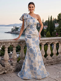 Jacquard Evening Dresses Mermaid/Sheath One Shoulder Floor Length Wedding Guest Dresses with Bow