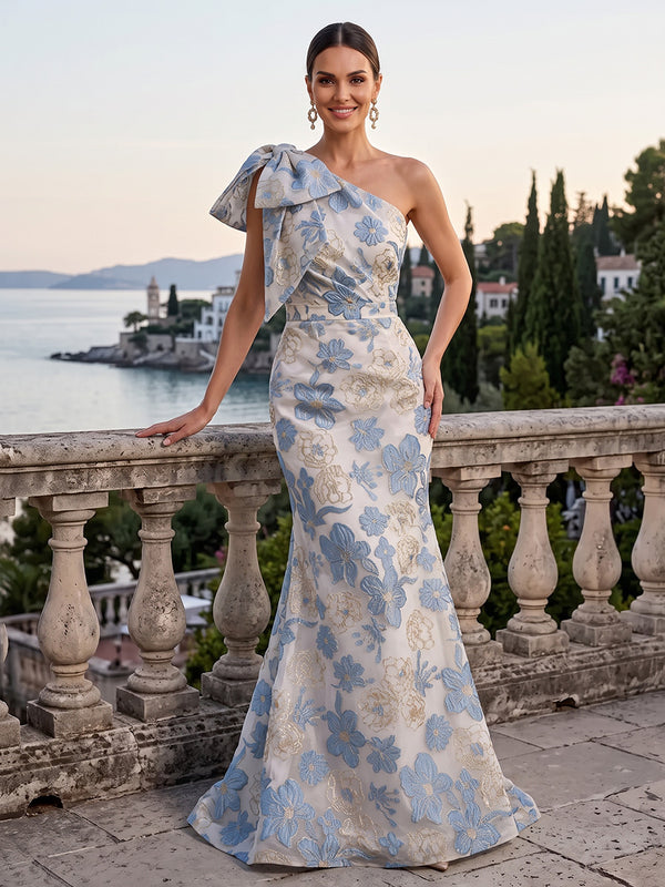 Jacquard Evening Dresses Mermaid/Sheath One Shoulder Floor Length Wedding Guest Dresses with Bow