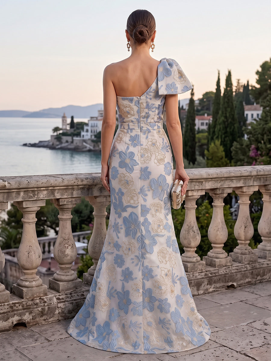 Jacquard Evening Dresses Mermaid/Sheath One Shoulder Floor Length Wedding Guest Dresses with Bow