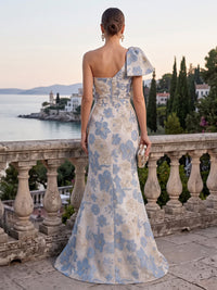 Jacquard Evening Dresses Mermaid/Sheath One Shoulder Floor Length Wedding Guest Dresses with Bow