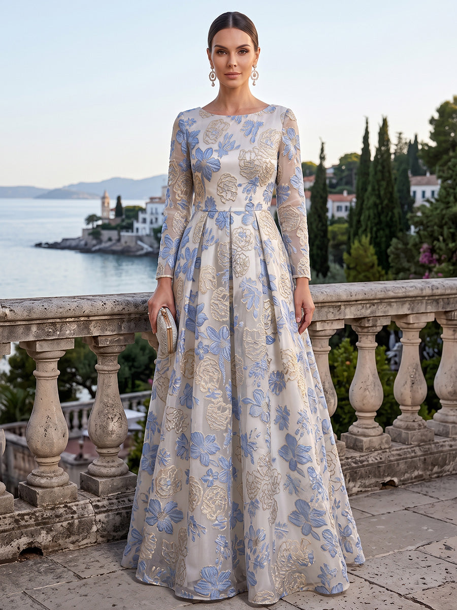 Jacquard Evening Dresses A Line Long Sleeves Scoop Neck Floor Length Wedding Guest Dresses