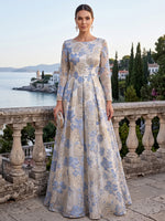 Jacquard Evening Dresses A Line Long Sleeves Scoop Neck Floor Length Wedding Guest Dresses