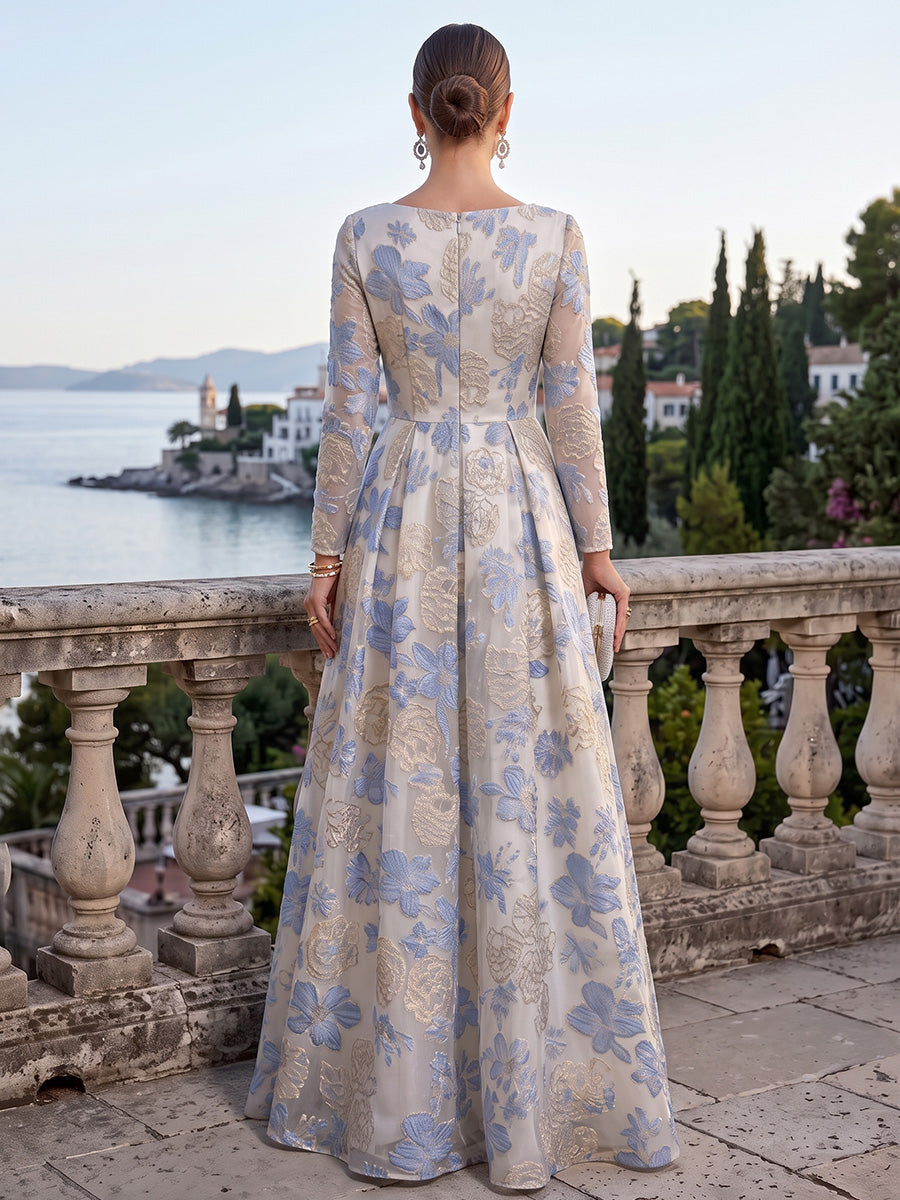 Jacquard Evening Dresses A Line Long Sleeves Scoop Neck Floor Length Wedding Guest Dresses