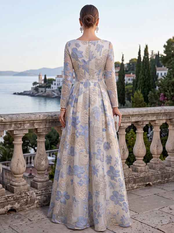 Jacquard Evening Dresses A Line Long Sleeves Scoop Neck Floor Length Wedding Guest Dresses