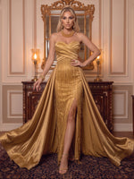 Strapless Sequin Evening Dresses with Train Sheath Sleeveless Floor Length with Fringe Slit for Gala Party