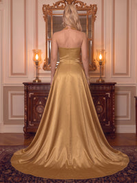 Strapless Sequin Evening Dresses with Train Sheath Sleeveless Floor Length with Fringe Slit for Gala Party