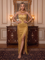 Sequin Evening Dresses Sheath Strapless Sleeveless Floor Length with Fringe Slit for Gala Party