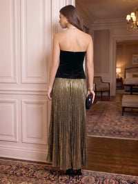 Strapless Metallic Satin Evening Dresses Pleated A Line Floor Length Formal Wedding Guest Dresses