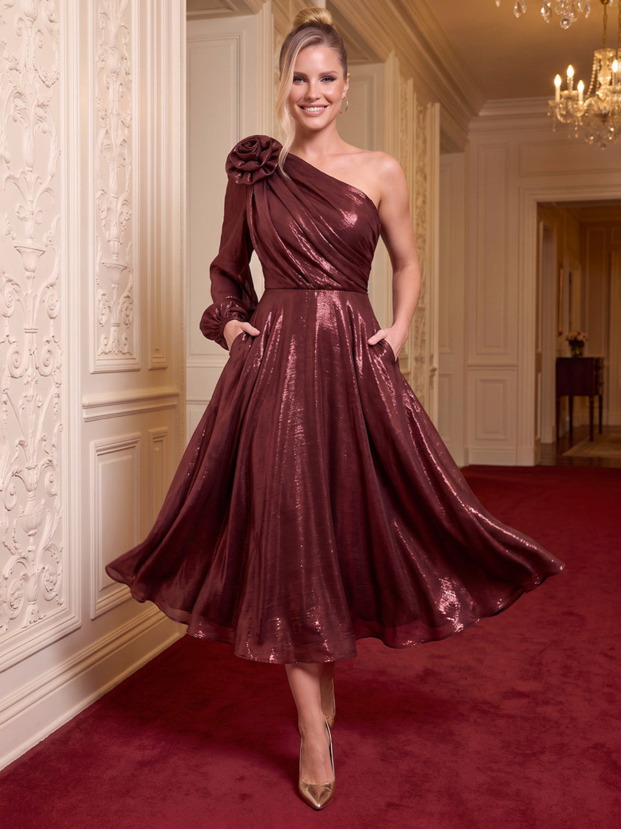 Metallic Satin One Shoulder Evening Dresses A Line Long Sleeves Ankle Length Cocktail Dresses with 3D Flower