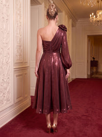 Metallic Satin One Shoulder Evening Dresses A Line Long Sleeves Ankle Length Cocktail Dresses with 3D Flower