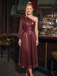 Metallic Satin One Shoulder Evening Dresses A Line Long Sleeves Ankle Length Cocktail Dresses with 3D Flower