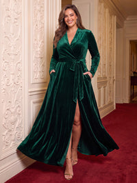 Plus Size Velvet V Neck Evening Dresses with Slit A Line Long Sleeves Formal Dresses with Belt