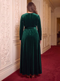 Plus Size Velvet V Neck Evening Dresses with Slit A Line Long Sleeves Formal Dresses with Belt