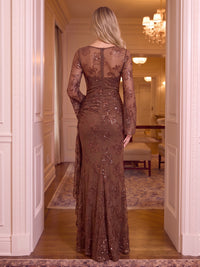 Sequin Round Neck Evening Dresses Mermaid/Sheath Long Sleeves Floor Length Formal Dresses with Slit