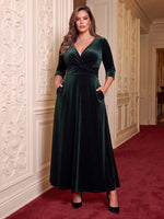 Plus Size Velvet V Neck Evening Dresses A Line Long Sleeves Floor Length Formal Dresses