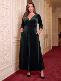 Plus Size Velvet V Neck Evening Dresses A Line Long Sleeves Floor Length Formal Dresses
