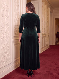Plus Size Velvet V Neck Evening Dresses A Line Long Sleeves Floor Length Formal Dresses