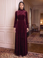 Velvet High Neck Evening Dresses Sheath Long Sleeves Floor Length Formal Dresses