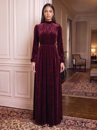 Velvet High Neck Evening Dresses Sheath Long Sleeves Floor Length Formal Dresses