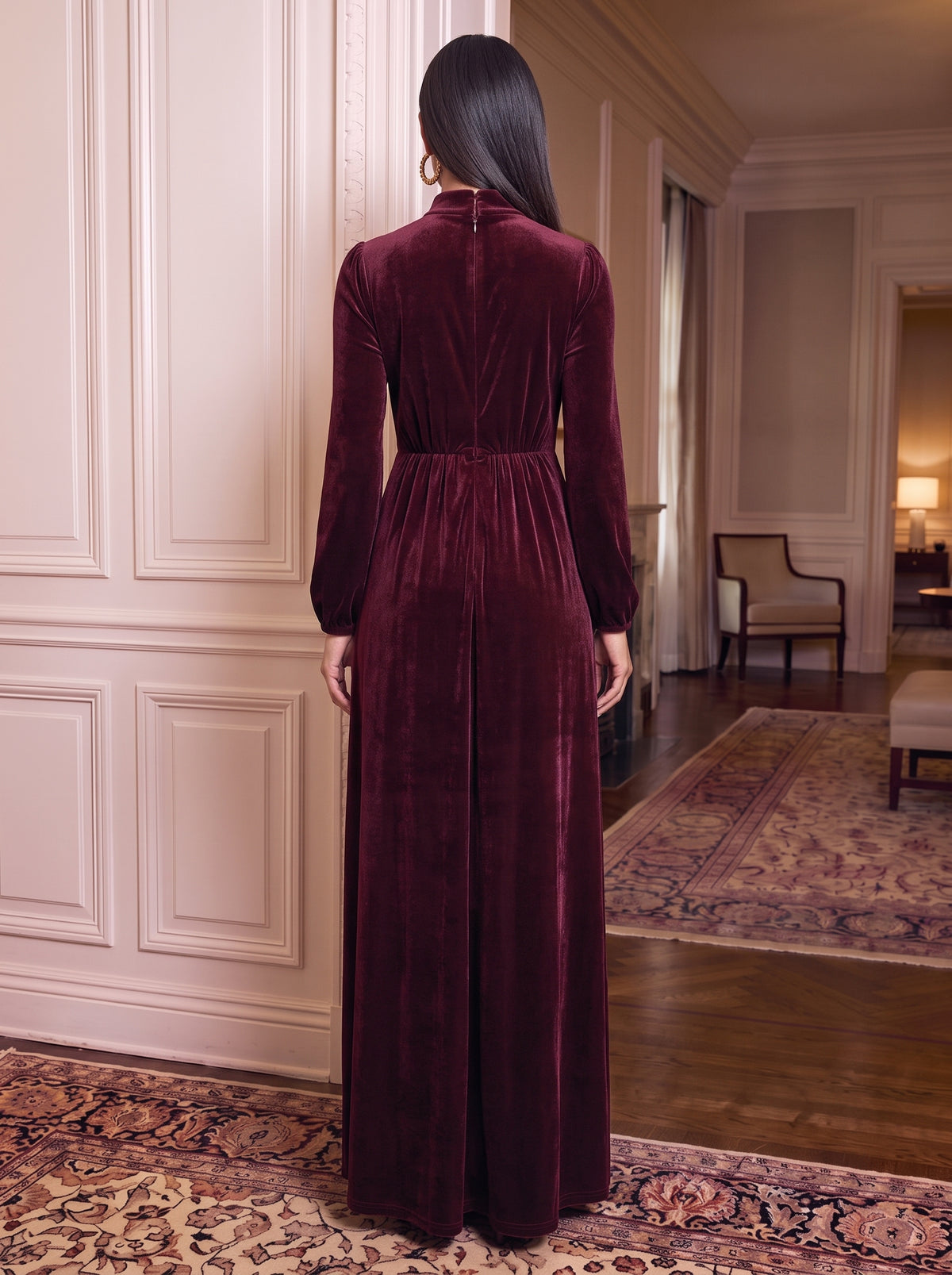Velvet High Neck Evening Dresses Sheath Long Sleeves Floor Length Formal Dresses