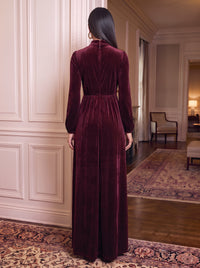 Velvet High Neck Evening Dresses Sheath Long Sleeves Floor Length Formal Dresses