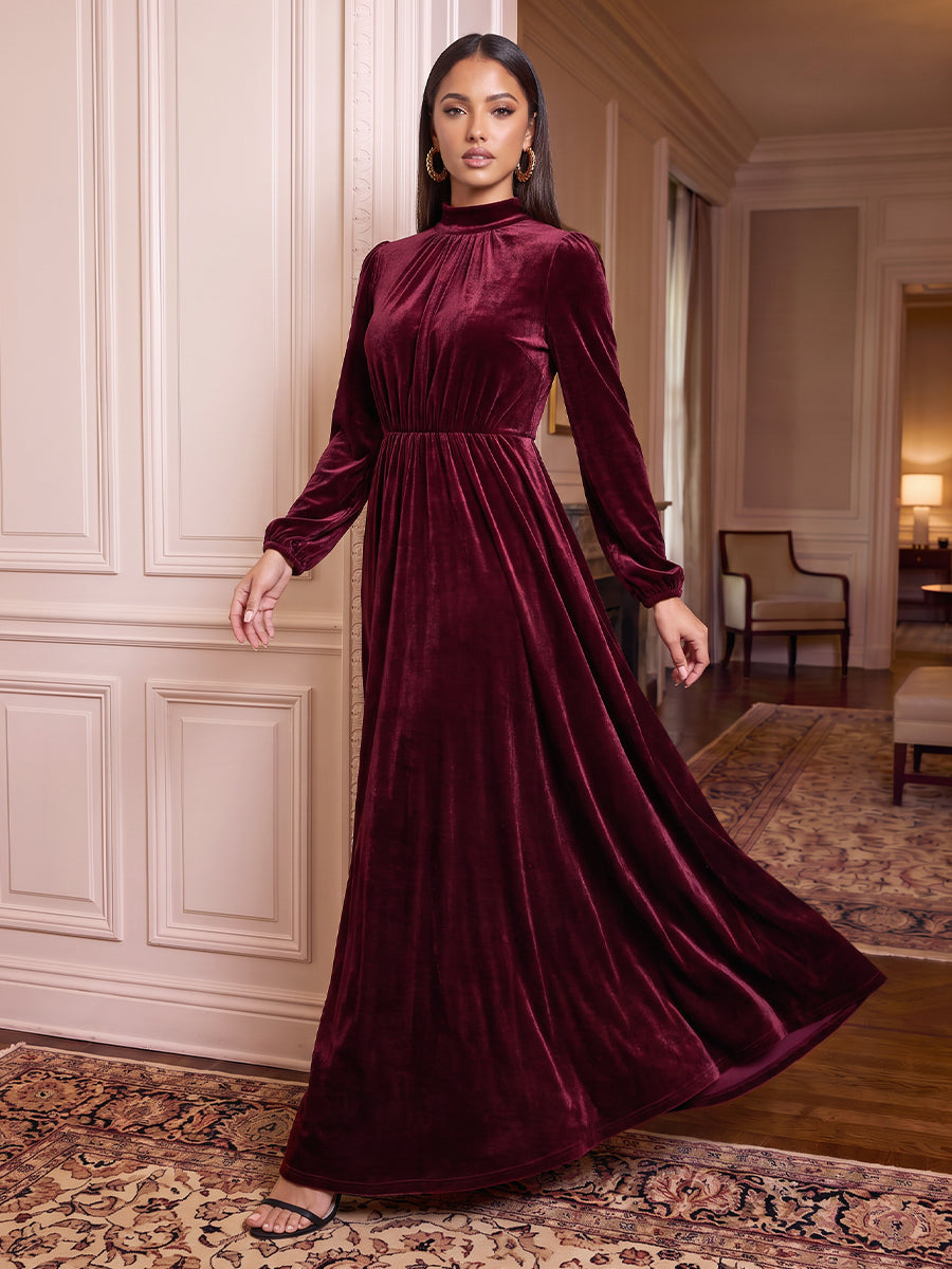 Velvet High Neck Evening Dresses Sheath Long Sleeves Floor Length Formal Dresses