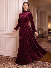 Velvet High Neck Evening Dresses Sheath Long Sleeves Floor Length Formal Dresses