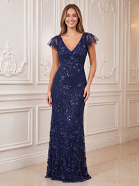 Cap Sleeves Sequin Evening Dresses Mermaid/Sheath V Neck Floor Length Formal Party Dresses