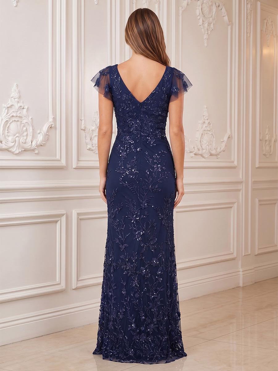 Cap Sleeves Sequin Evening Dresses Mermaid/Sheath V Neck Floor Length Formal Party Dresses