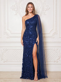 One Shoulder Sequin Evening Dresses with Slit Mermaid/Sheath Cape Sleeves Floor Length Formal Party Dresses