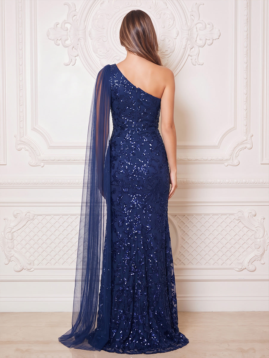 One Shoulder Sequin Evening Dresses with Slit Mermaid/Sheath Cape Sleeves Floor Length Formal Party Dresses