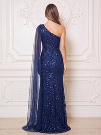 One Shoulder Sequin Evening Dresses with Slit Mermaid/Sheath Cape Sleeves Floor Length Formal Party Dresses