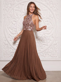 Halter Sleeveless Sequin Evening Dresses Pleated A Line Floor Length Formal Party Dresses