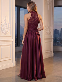 Halter Sleeveless Sequin Evening Dresses Pleated A Line Floor Length Formal Party Dresses with 3D Flower