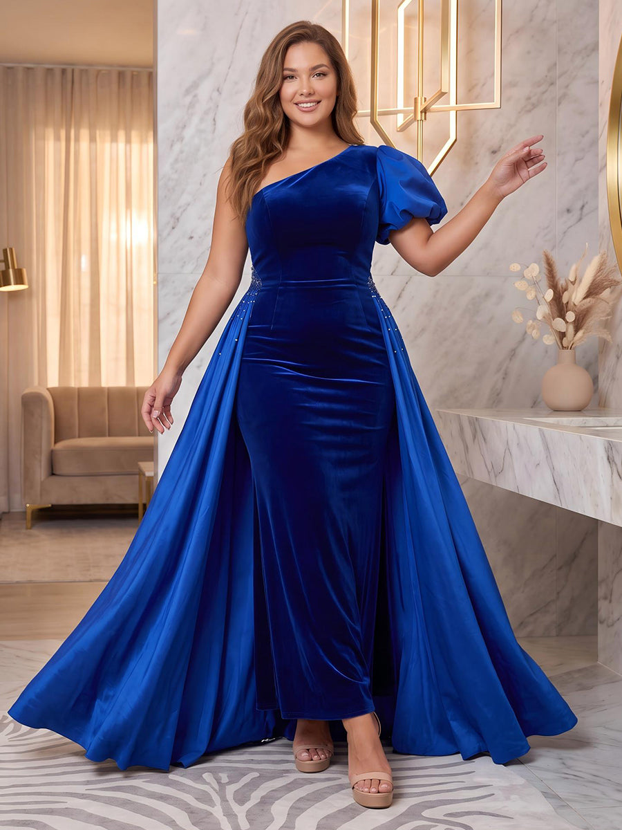 One Shoulder Velvet Evening Dresses with Train Mermaid/Sheath Short Sleeves Floor Length Formal Party Dresses